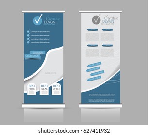 Roll up banner stand template. Abstract background for design,  business, education, advertisement.  Blue color. Vector  illustration