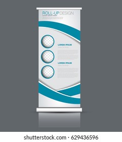 Roll up banner stand template. Abstract background for design,  business, education, advertisement. Blue color. Vector  illustration.