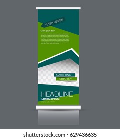 Roll up banner stand template. Abstract background for design,  business, education, advertisement. Green color. Vector  illustration.