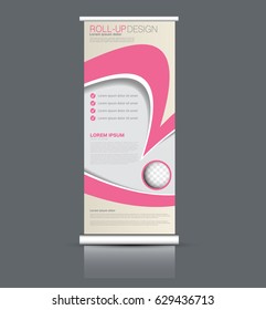 Roll up banner stand template. Abstract background for design,  business, education, advertisement. Pink color. Vector  illustration.