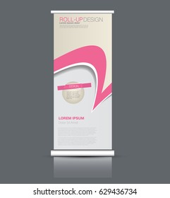 Roll up banner stand template. Abstract background for design,  business, education, advertisement. Pink color. Vector  illustration.