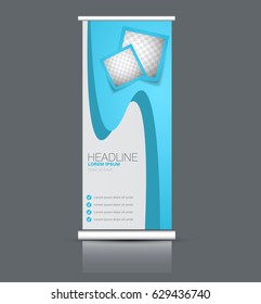 Roll up banner stand template. Abstract background for design,  business, education, advertisement. Blue color. Vector  illustration.