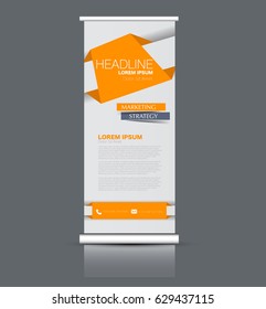 Roll up banner stand template. Abstract background for design,  business, education, advertisement. Orange color. Vector  illustration.