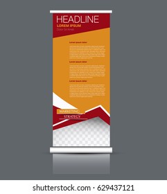 Roll up banner stand template. Abstract background for design,  business, education, advertisement. Red and orange color. Vector  illustration.