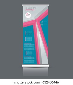 Roll up banner stand template. Abstract background for design,  business, education, advertisement. Pink and blue color. Vector  illustration