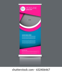 Roll up banner stand template. Abstract background for design,  business, education, advertisement. Pink and blue color. Vector  illustration