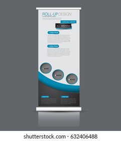 Roll up banner stand template. Abstract background for design,  business, education, advertisement. Blue and black color. Vector  illustration