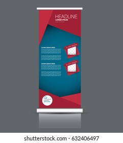 Roll up banner stand template. Abstract background for design,  business, education, advertisement. Blue and red color. Vector  illustration