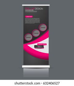Roll up banner stand template. Abstract background for design,  business, education, advertisement. Pink and black color. Vector  illustration