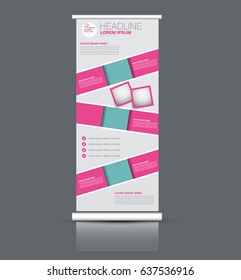 Roll up banner stand template. Abstract banner background for design,  business, education, advertisement. Green and pink color. Vector  illustration