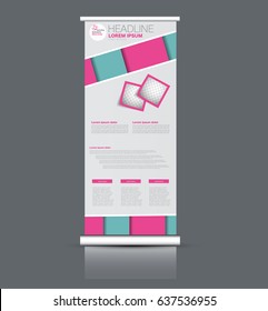Roll up banner stand template. Abstract banner background for design,  business, education, advertisement. Green and pink color. Vector  illustration
