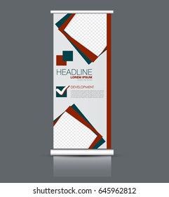 Roll up banner stand template. Abstract banner background for design,  business, education, advertisement. Red color. Vector  illustration