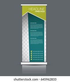 Roll up banner stand template. Abstract banner background for design,  business, education, advertisement. Green color. Vector  illustration