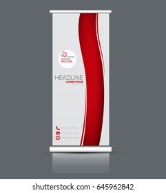 Roll up banner stand template. Abstract banner background for design,  business, education, advertisement. Red color. Vector  illustration
