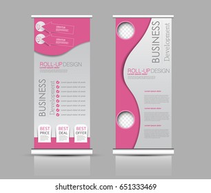 Roll up banner stand template. Abstract background for design,  business, education, advertisement.  Pink color. Vector  illustration.