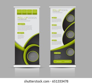 Roll up banner stand template. Abstract background for design,  business, education, advertisement.  Black and green color. Vector  illustration.