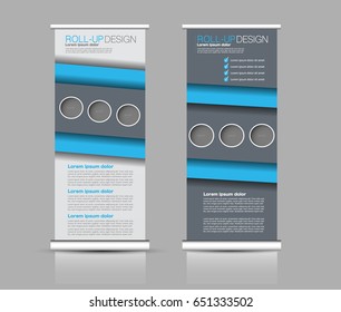 Roll up banner stand template. Abstract background for design,  business, education, advertisement.  Blue color. Vector  illustration.
