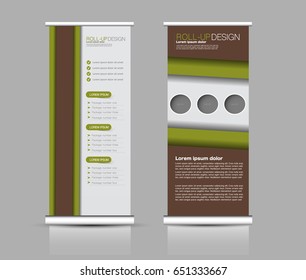 Roll up banner stand template. Abstract background for design,  business, education, advertisement.  Green and brown color. Vector  illustration.