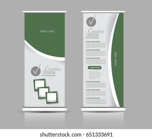 Roll up banner stand template. Abstract background for design,  business, education, advertisement.  Green color. Vector  illustration.