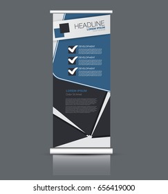 Roll up banner stand template. Abstract banner background for design,  business, education, advertisement. Blue color. Vector  illustration.
