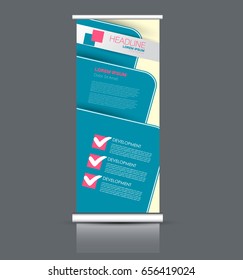 Roll up banner stand template. Abstract banner background for design,  business, education, advertisement. Blue and pink color. Vector  illustration.