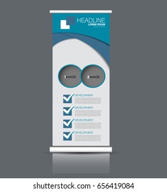 Roll up banner stand template. Abstract banner background for design,  business, education, advertisement. Blue color. Vector  illustration.