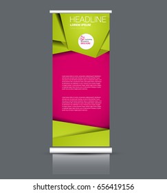 Roll up banner stand template. Abstract banner background for design,  business, education, advertisement. Green and pink color. Vector  illustration.