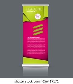 Roll up banner stand template. Abstract banner background for design,  business, education, advertisement. Green and pink color. Vector  illustration.