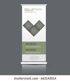 Roll up banner stand template. Abstract background for design,  business, education, advertisement. Vector  illustration. Green color.