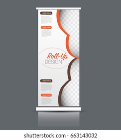 Roll up banner stand template. Abstract background for design,  business, education, advertisement. Vector  illustration. Orange and brown color.