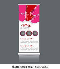 Roll up banner stand template. Abstract background for design,  business, education, advertisement. Vector  illustration. Pink and red color.