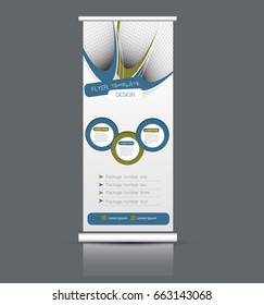 Roll up banner stand template. Abstract background for design,  business, education, advertisement. Vector  illustration. Blue and green color.