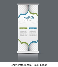 Roll up banner stand template. Abstract background for design,  business, education, advertisement. Vector  illustration. Blue and green color.