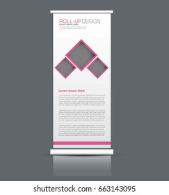 Roll up banner stand template. Abstract background for design,  business, education, advertisement. Vector  illustration. Pink color.