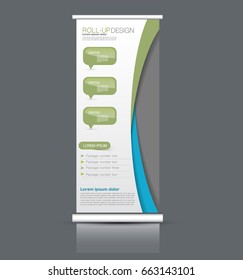 Roll up banner stand template. Abstract background for design,  business, education, advertisement. Vector  illustration. Blue and green color.