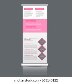 Roll up banner stand template. Abstract background for design,  business, education, advertisement. Vector  illustration. Pink color.