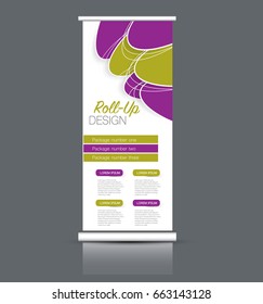 Roll up banner stand template. Abstract background for design,  business, education, advertisement. Vector  illustration. Purple and yellow color.