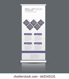 Roll up banner stand template. Abstract background for design,  business, education, advertisement. Vector  illustration. Purple color.