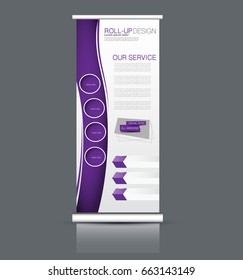 Roll up banner stand template. Abstract background for design,  business, education, advertisement. Vector  illustration. Purple color.