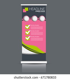 Roll up banner stand template. Abstract banner background for design,  business, education, advertisement. Pink and green color. Vector  illustration.