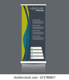 Roll up banner stand template. Abstract banner background for design,  business, education, advertisement. Green and blue color. Vector  illustration.