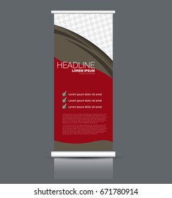Roll up banner stand template. Abstract banner background for design,  business, education, advertisement. Red and brown color. Vector  illustration.