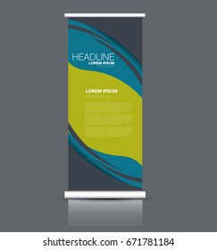 Roll up banner stand template. Abstract banner background for design,  business, education, advertisement. Green and blue color. Vector  illustration.