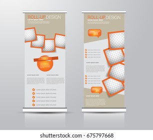 Roll up banner stand template. Abstract background for design,  business, education, advertisement.  Orange color. Vector  illustration