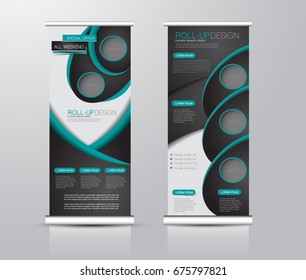 Roll up banner stand template. Abstract background for design,  business, education, advertisement.  Blue color. Vector  illustration