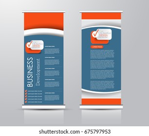 Roll up banner stand template. Abstract background for design,  business, education, advertisement.  Blue and orange color. Vector  illustration