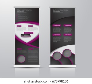 Roll up banner stand template. Abstract background for design,  business, education, advertisement.  Black and purple color. Vector  illustration