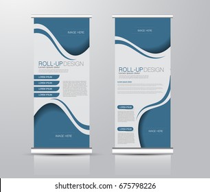 Roll up banner stand template. Abstract background for design,  business, education, advertisement.  Blue color. Vector  illustration