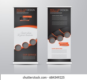 Roll up banner stand template. Abstract background for design,  business, education, advertisement. Orange and black color. Vector  illustration