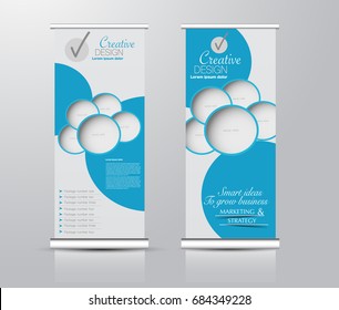 Roll up banner stand template. Abstract background for design,  business, education, advertisement.  Blue color. Vector  illustration